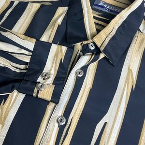Vintage Bassiri Shirt Made USA Mens Abstract Stripe Microfiber L Button Retro